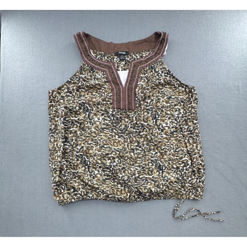 Style & Co VTG Y2K Tank Top 16W Leopard Print Embroidered Beaded Boho Earthy